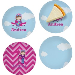 Airplane & Girl Pilot Set of 4 Glass Appetizer / Dessert Plate 8" (Personalized)