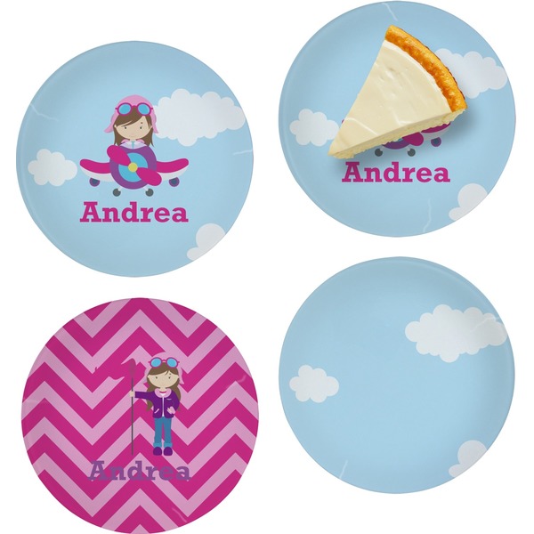 Custom Airplane & Girl Pilot Set of 4 Glass Appetizer / Dessert Plate 8" (Personalized)