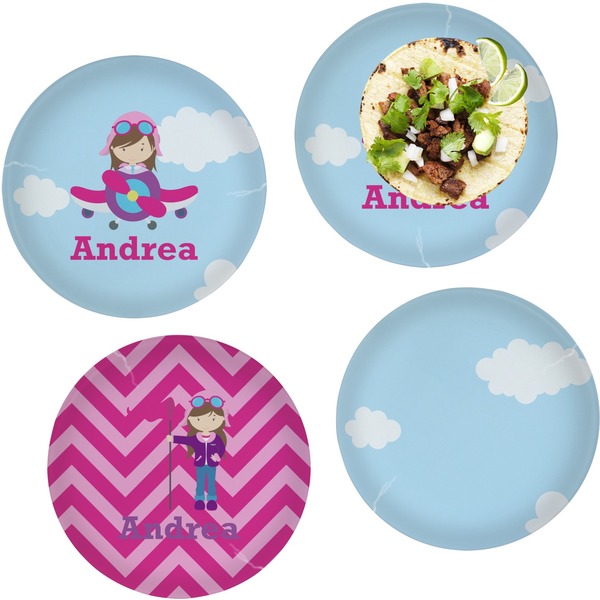 Custom Airplane & Girl Pilot Set of 4 Glass Lunch / Dinner Plate 10" (Personalized)