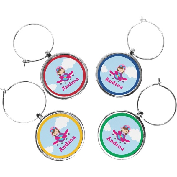 Custom Airplane & Girl Pilot Wine Charms (Set of 4) (Personalized)