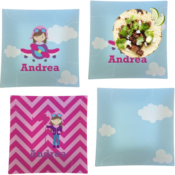 Custom Airplane & Girl Pilot Set of 4 Glass Square Lunch / Dinner Plate 9.5" (Personalized)