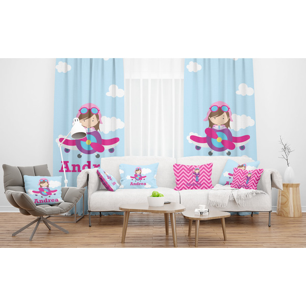 Airplane & Girl Pilot Sheer and Custom Curtains in Room with Matching Pillows