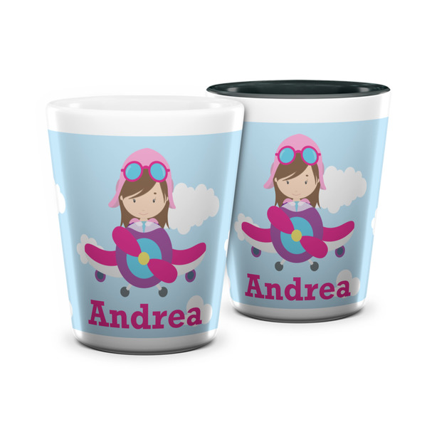 Custom Airplane & Girl Pilot Ceramic Shot Glass - 1.5 oz (Personalized)
