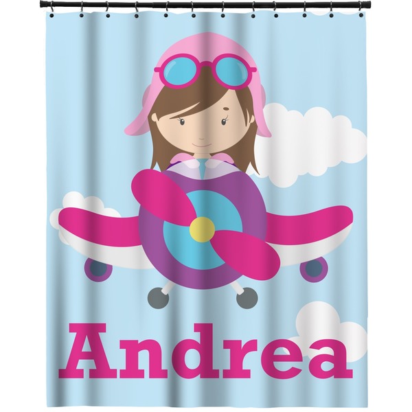 Custom Airplane & Girl Pilot Extra Long Shower Curtain - 70"x84" (Personalized)
