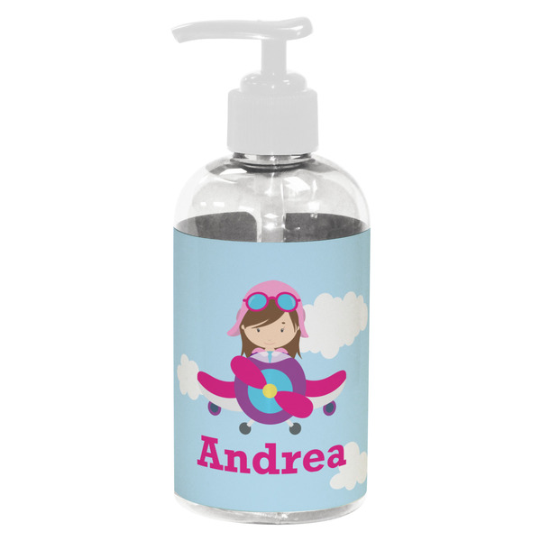 Custom Airplane & Girl Pilot Plastic Soap / Lotion Dispenser (8 oz - Small - White) (Personalized)