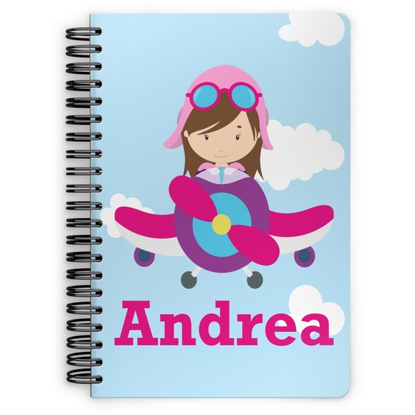 Custom Airplane & Girl Pilot Spiral Notebook - 7x10 w/ Name or Text