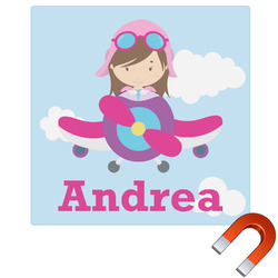 Airplane & Girl Pilot Square Car Magnet - 6" (Personalized)