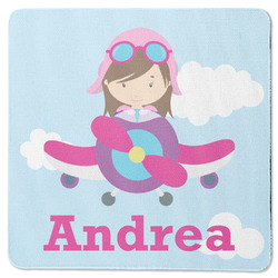 Airplane & Girl Pilot Square Rubber Backed Coaster (Personalized)