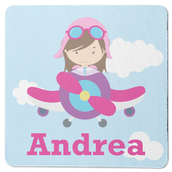Custom Airplane & Girl Pilot Square Rubber Backed Coaster (Personalized)