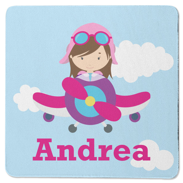Custom Airplane & Girl Pilot Square Rubber Backed Coaster (Personalized)
