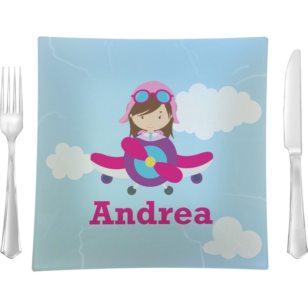 Custom Airplane & Girl Pilot Glass Square Lunch / Dinner Plate 9.5" (Personalized)