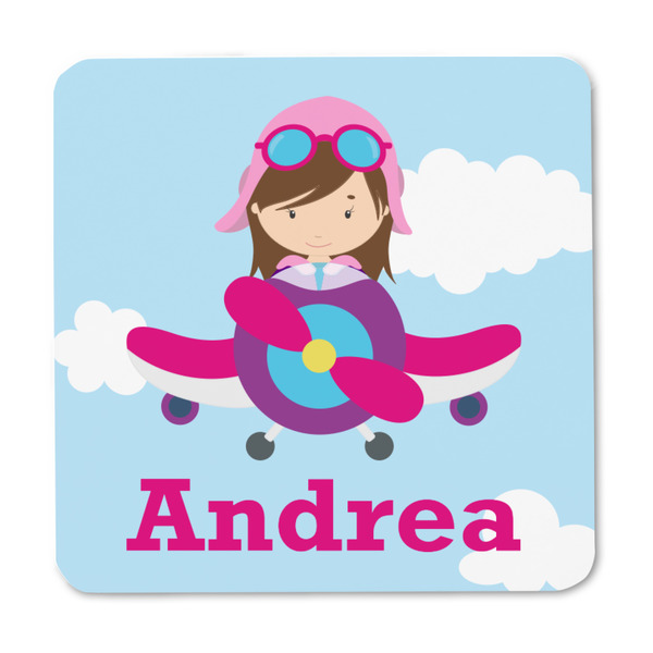 Airplane & Girl Pilot Square Fridge Magnet - FRONT