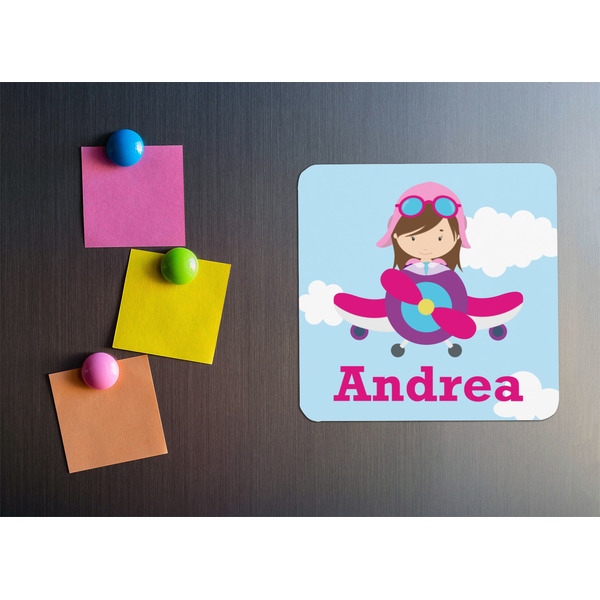 Airplane & Girl Pilot Square Fridge Magnet - LIFESTYLE
