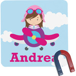 Airplane & Girl Pilot Square Fridge Magnet (Personalized)