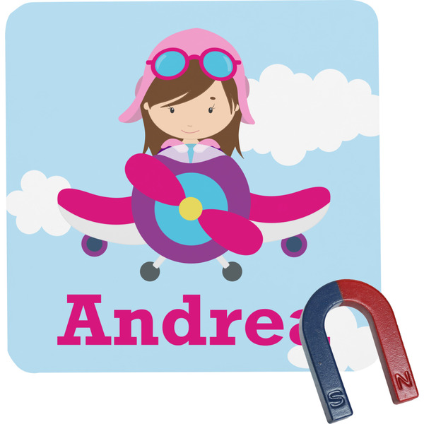 Custom Airplane & Girl Pilot Square Fridge Magnet (Personalized)