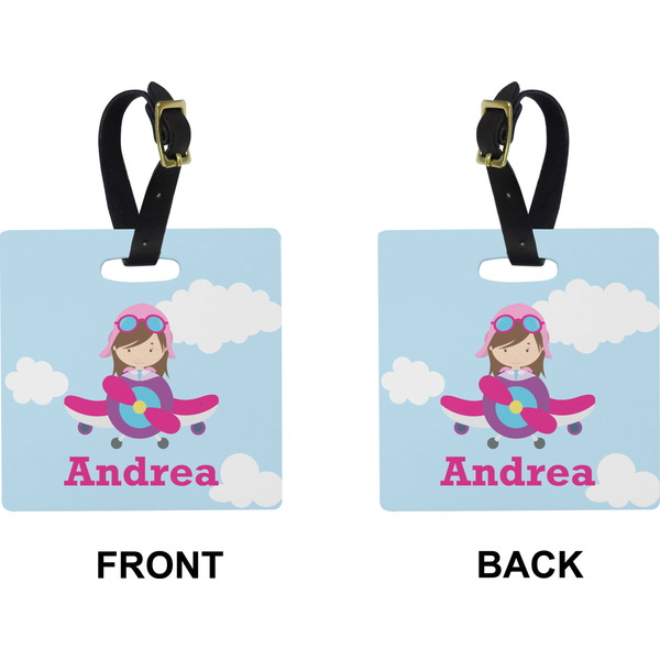 Airplane & Girl Pilot Square Luggage Tag (Front + Back)