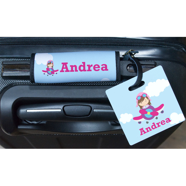 Airplane & Girl Pilot Square Luggage Tag & Handle Wrap - In Context