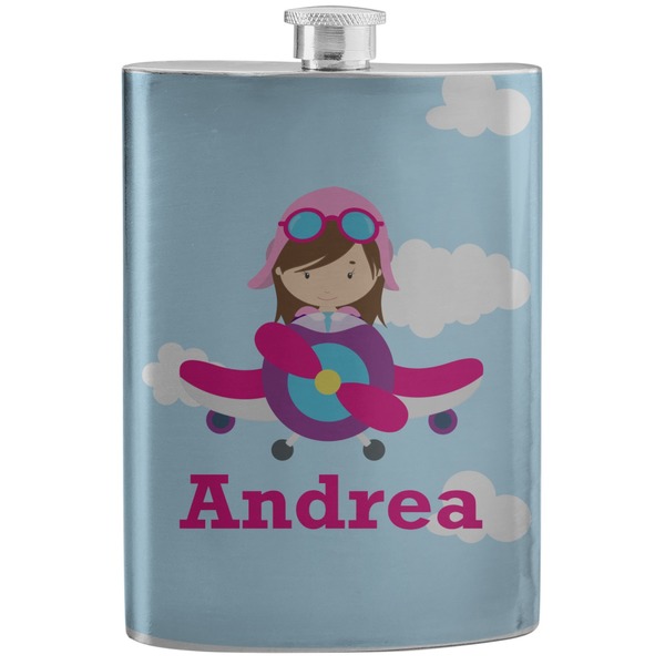Custom Airplane & Girl Pilot Stainless Steel Flask (Personalized)