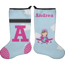 Airplane & Girl Pilot Holiday Stocking - Double-Sided - Neoprene (Personalized)