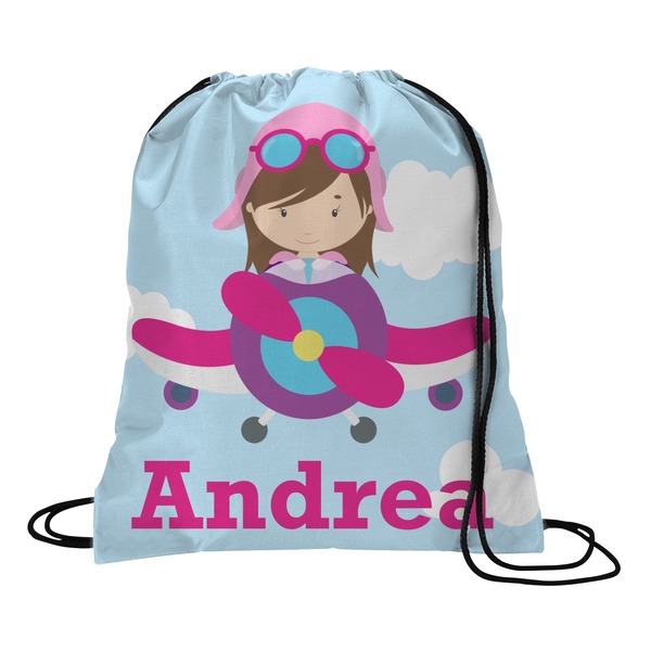 Custom Airplane & Girl Pilot Drawstring Backpack - Small (Personalized)