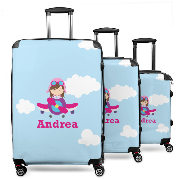 Custom Airplane & Girl Pilot 3 Piece Luggage Set - 20" Carry On, 24" Medium Checked, 28" Large Checked (Personalized)