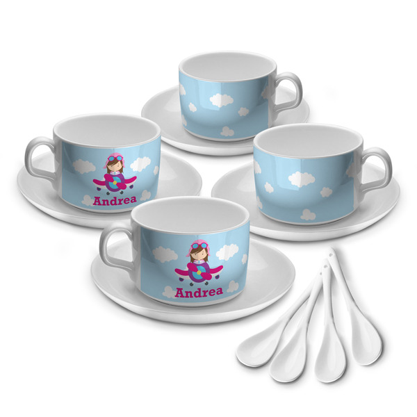 Custom Airplane & Girl Pilot Tea Cup - Set of 4 (Personalized)