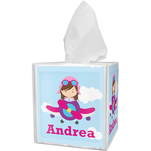 Custom Airplane & Girl Pilot Tissue Box Cover (Personalized)