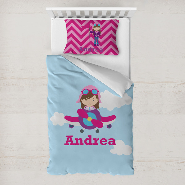 Custom Airplane & Girl Pilot Toddler Bedding Set - With Pillowcase (Personalized)