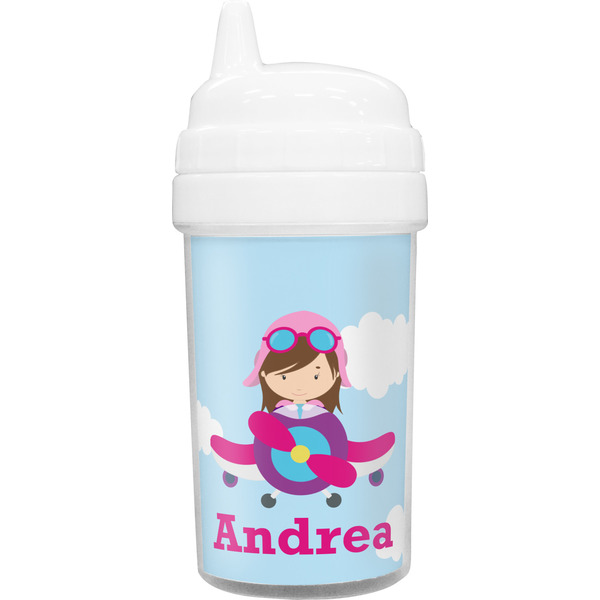 Custom Airplane & Girl Pilot Toddler Sippy Cup (Personalized)