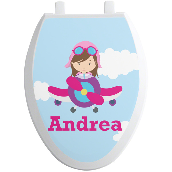 Custom Airplane & Girl Pilot Toilet Seat Decal - Elongated (Personalized)