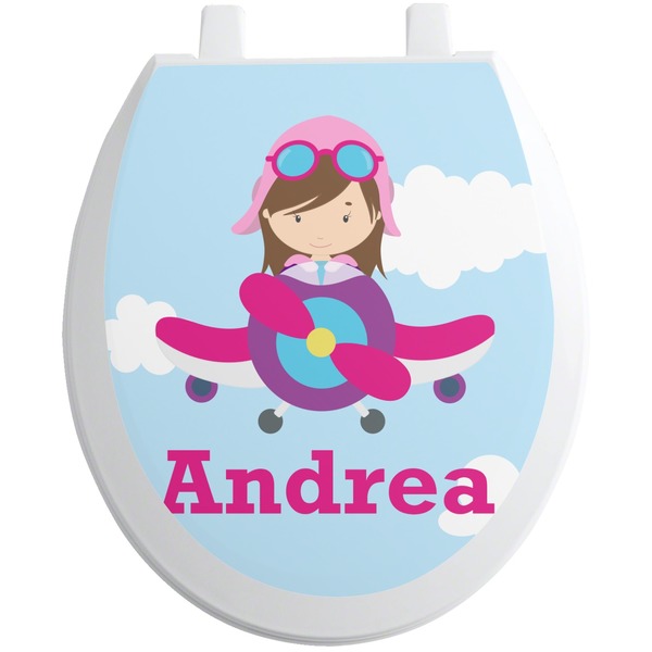 Custom Airplane & Girl Pilot Toilet Seat Decal (Personalized)