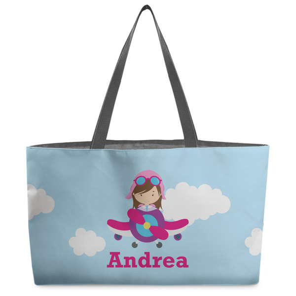 Custom Airplane & Girl Pilot Beach Totes Bag - w/ Black Handles (Personalized)
