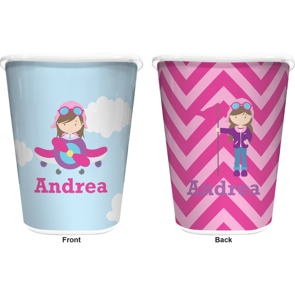 Airplane & Girl Pilot Trash Can White - Front and Back - Apvl
