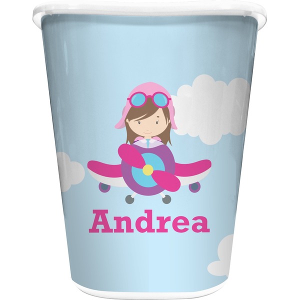 Custom Airplane & Girl Pilot Waste Basket - Double Sided (White) (Personalized)