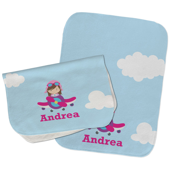 Airplane & Girl Pilot Two Rectangle Burp Cloths - Open & Folded