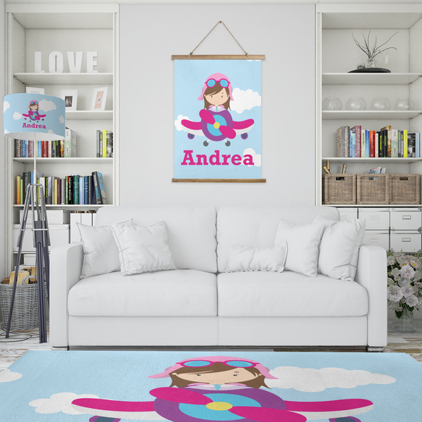 Airplane & Girl Pilot Wall Hanging Tapestry - Portrait - IN CONTEXT