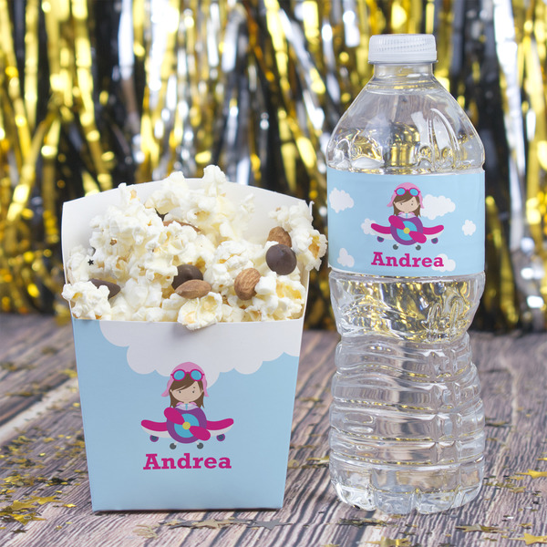 Airplane & Girl Pilot Water Bottle Label - w/ Favor Box