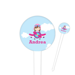 Airplane & Girl Pilot 4" Round Plastic Food Picks - White - Double Sided (Personalized)