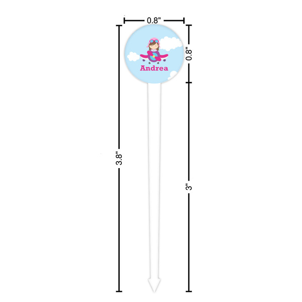 Airplane & Girl Pilot White Plastic 4" Food Pick - Round - Dimensions