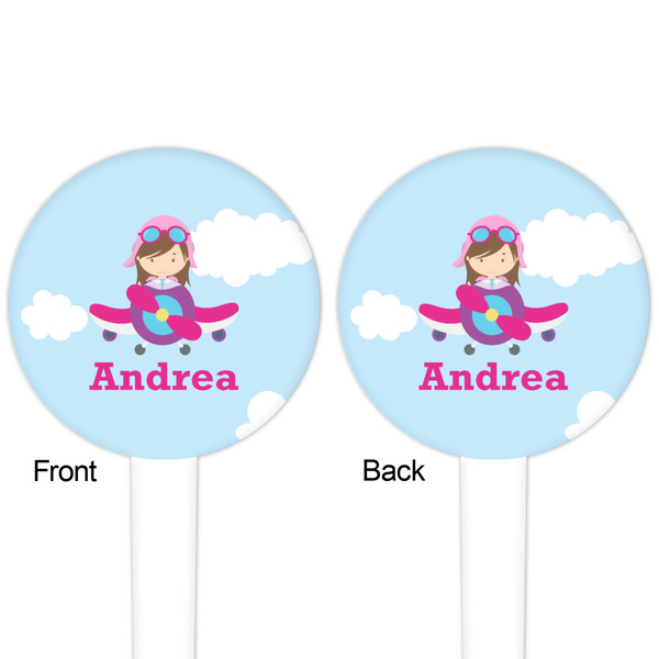 Airplane & Girl Pilot White Plastic 4" Food Pick - Round - Double Sided - Front & Back