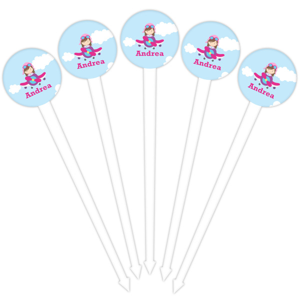 Airplane & Girl Pilot White Plastic 4" Food Pick - Round - Fan View