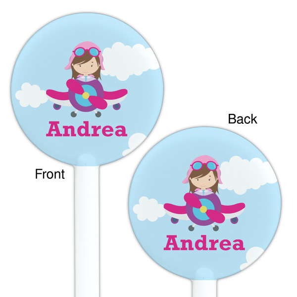 Airplane & Girl Pilot White Plastic 5.5" Stir Stick - Double Sided - Round - Front & Back