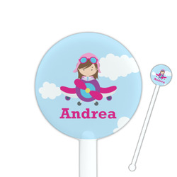 Airplane & Girl Pilot 5.5" Round Plastic Stir Sticks - White - Double Sided (Personalized)