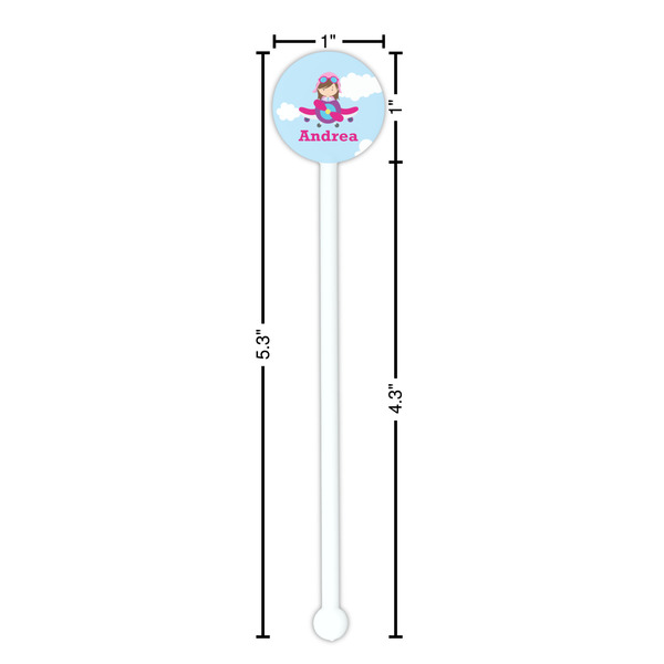 Airplane & Girl Pilot White Plastic 5.5" Stir Stick - Round - Dimensions