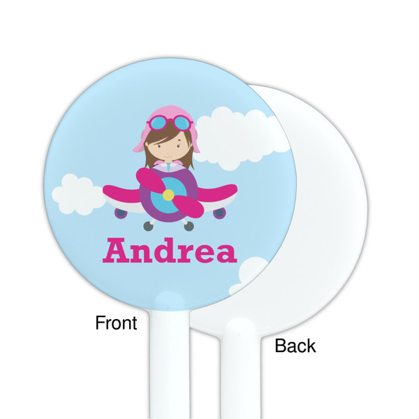 Airplane & Girl Pilot White Plastic 5.5" Stir Stick - Single Sided - Round - Front & Back
