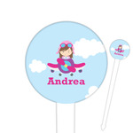 Airplane & Girl Pilot 6" Round Plastic Food Picks - White - Single Sided (Personalized)