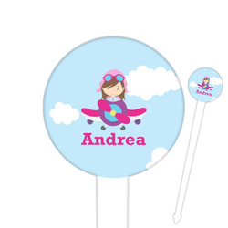 Airplane & Girl Pilot 6" Round Plastic Food Picks - White - Double Sided (Personalized)