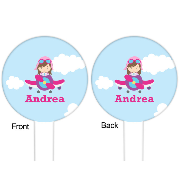 Airplane & Girl Pilot White Plastic 6" Food Pick - Round - Double Sided - Front & Back