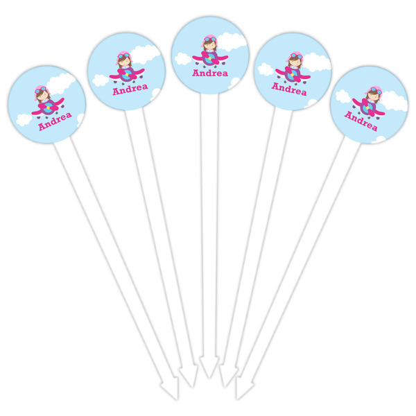 Airplane & Girl Pilot White Plastic 6" Food Pick - Round - Fan View