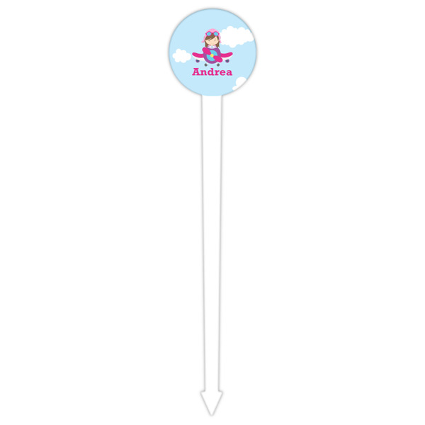 Airplane & Girl Pilot White Plastic 6" Food Pick - Round - Single Pick